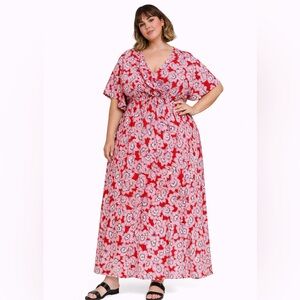Loralette Floral Red and Pink Kimono Maxi Dress Size 22